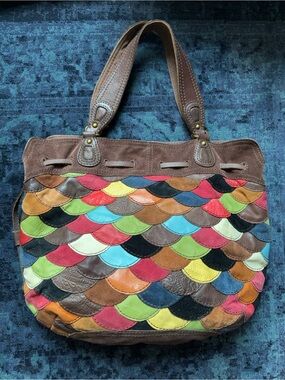 Vintage Lucky Brand Scalloped Patchwork Suede Leather Hobo Bag